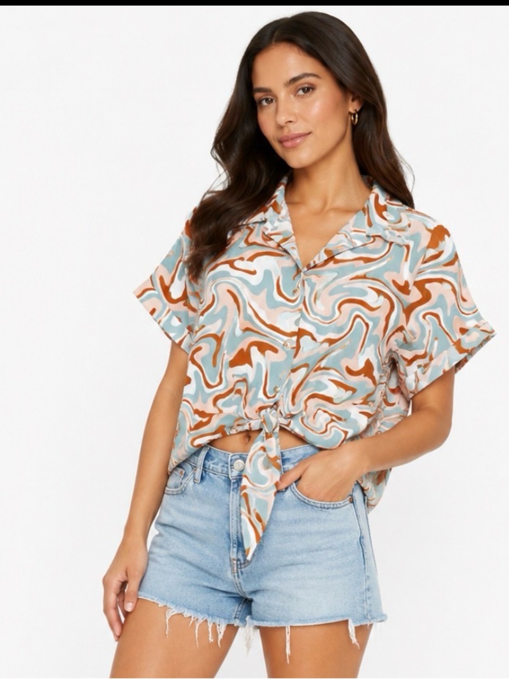 Sweet Rain Swirl Tie-Front Crop Shirt in Rust, Light Blue & Cream SZ SM cropped